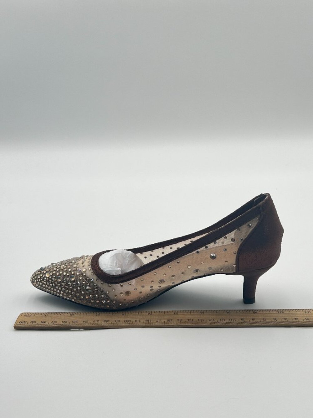 XYD Pewter Pointed Toe Slip On Rhinestone Pumps Mesh Kitten Heels Shoes